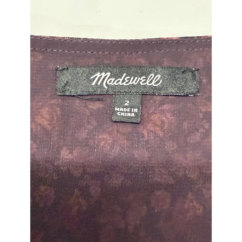 Madewell Floral V-Neck‎ Button Front Blouse Smocked Cuff Plum Orange Size 2